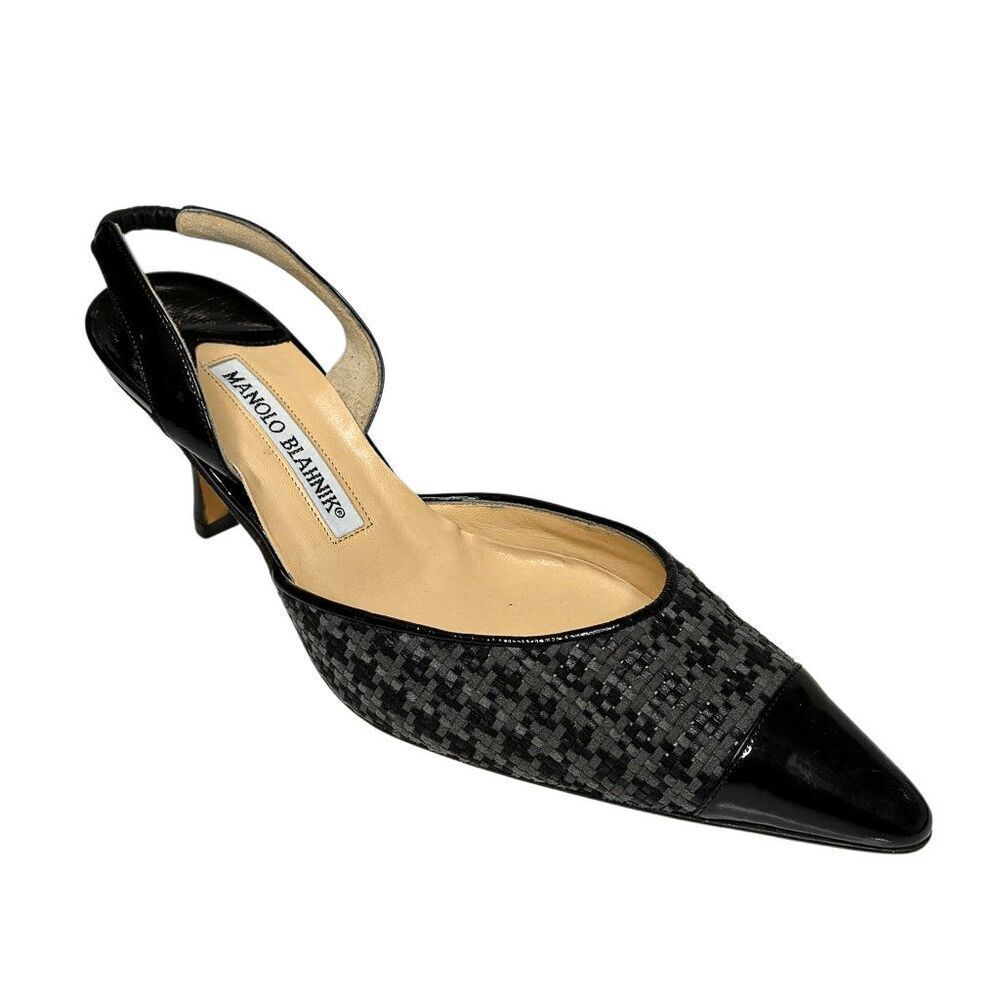 Manolo Blahnik Carolyne Slingback Woven Gray Black Pumps Size 36.5 Heels